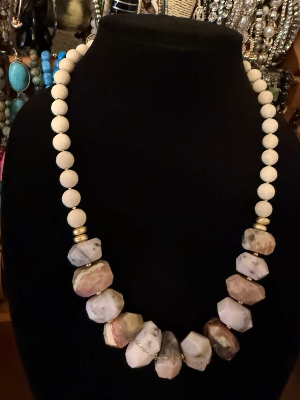Pink Opal and Milky Quartz Natural Stone Bead Necklace